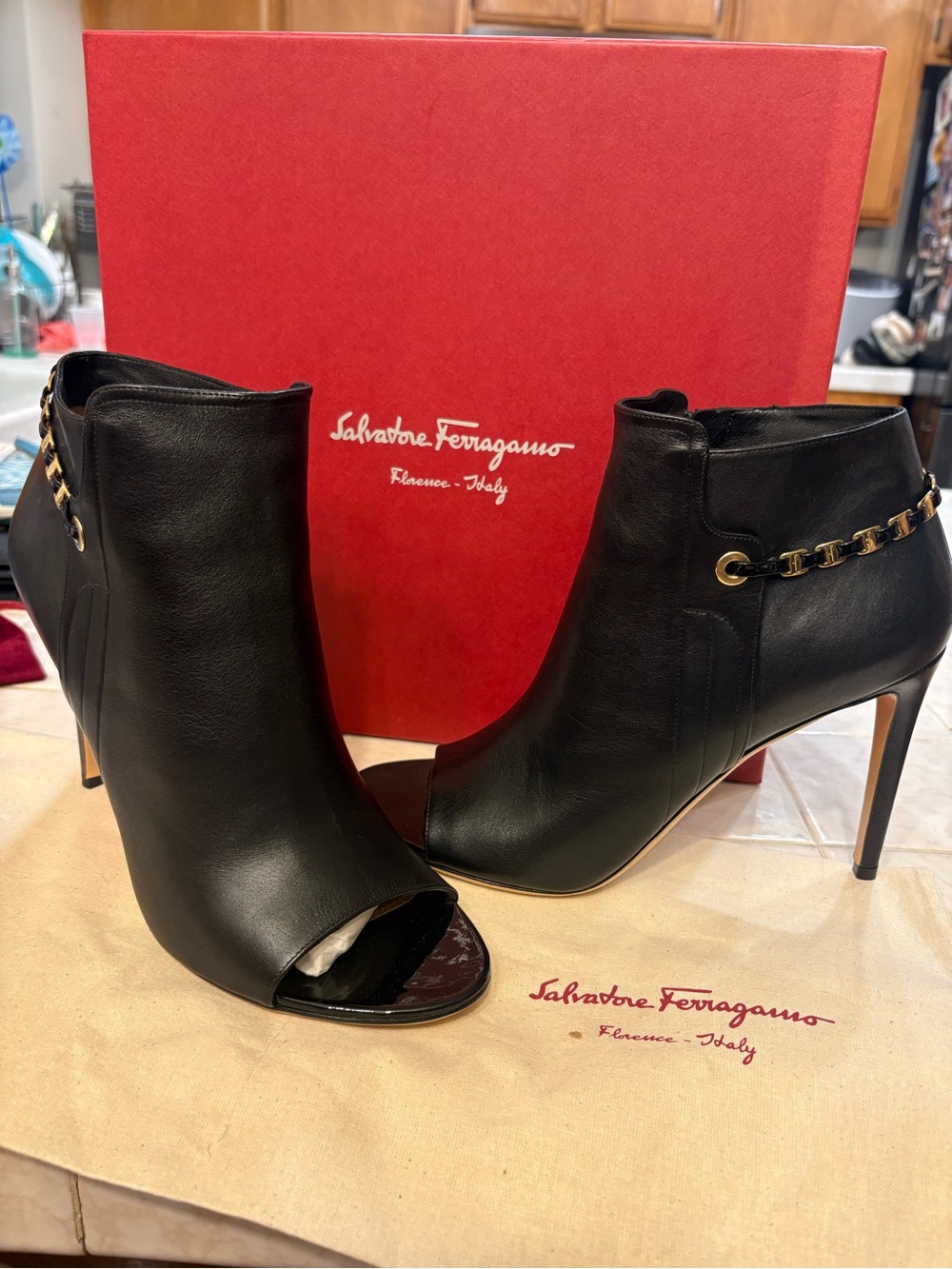 Salvatore Ferragamo Black Leather Peep-Toe Chain-Ankle Boots